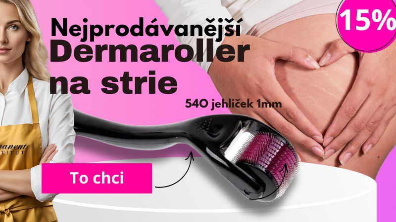 Dermaroller na strie s 15% slevou, vhodný pro profesionální i domácí použití, vedle detailu ženských stehen s viditelnými striemi.